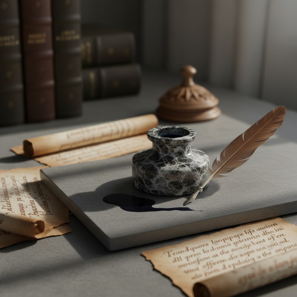 A collection of antique writing tools and papers on a gray desk, including a feather quill, ink pot, and scrolls, set agai...