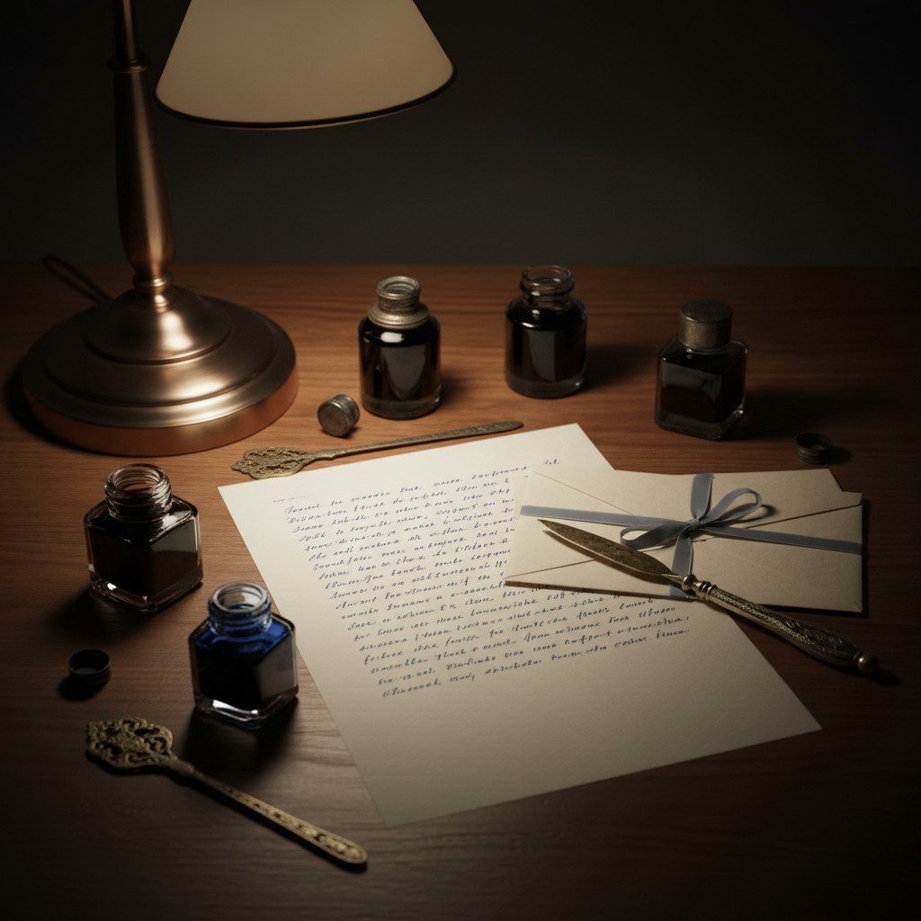 [a desk lamp, various ink bottles, a blade, an envelope enclosed with a ribbon and a penned letter].